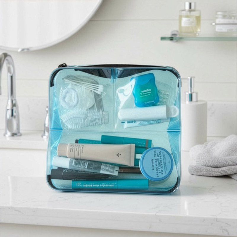 Blue DivideNPac organizer on a bathroom counter with travel toiletries