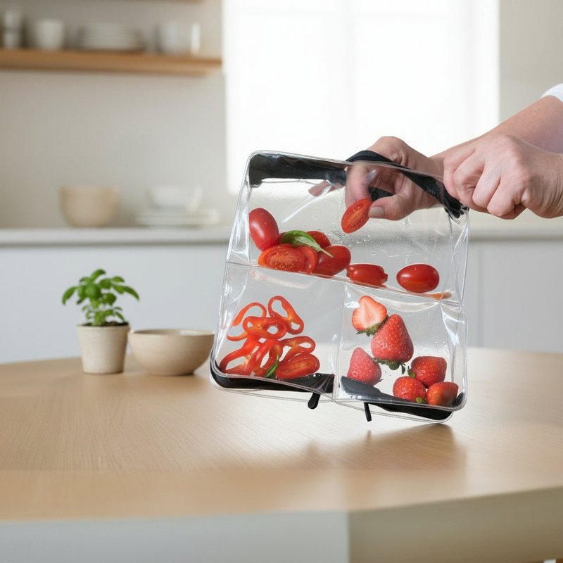 Food-grade TPU organizer with fresh produce — strawberries and peppers