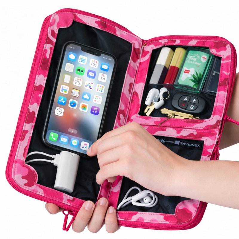 Hands holding the Eros pink camo RFID crossbody open, phone in the touchscreen pocket